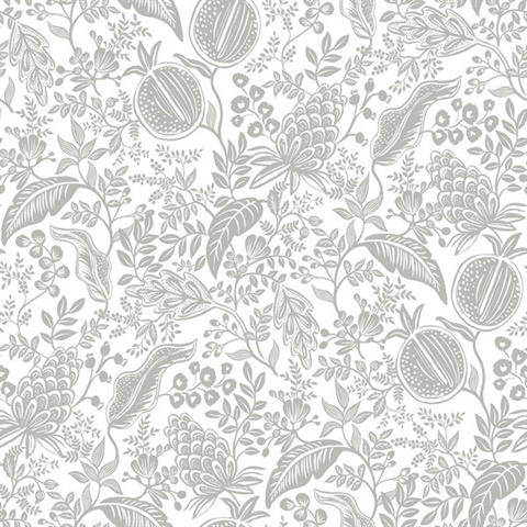 Metallic Silver & White Pomegranate Tropical Foliage Wallpaper