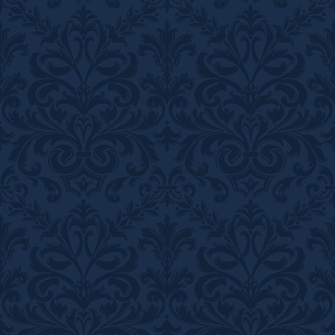 Midnight Blue Feathered Damask Commercial Wallpaper