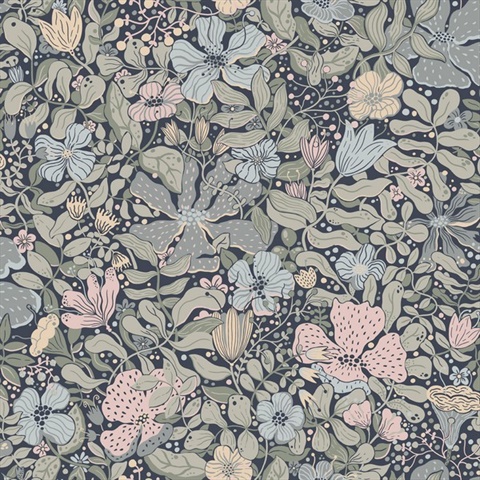 Midsommar Dark Blue Scandinavia Floral & Leaf Wallpaper