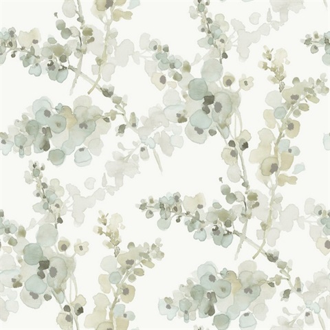 Mineral Green Watercolor Floral Blossom Fling Wallpaper