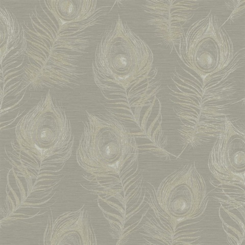 Mink Regal Peacock Feather Faux Silk Wallpaper