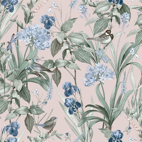 Mint Birds and Dragonflies Botanical Dust Pink Ground Wallpaper