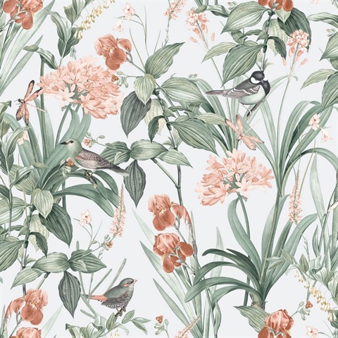 Mint Birds and Dragonflies Botanical Green Wallpaper
