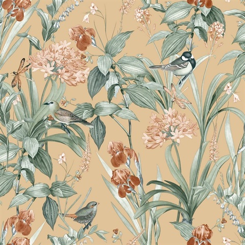 Mint Birds and Dragonflies Botanical Ocher Ground Wallpaper