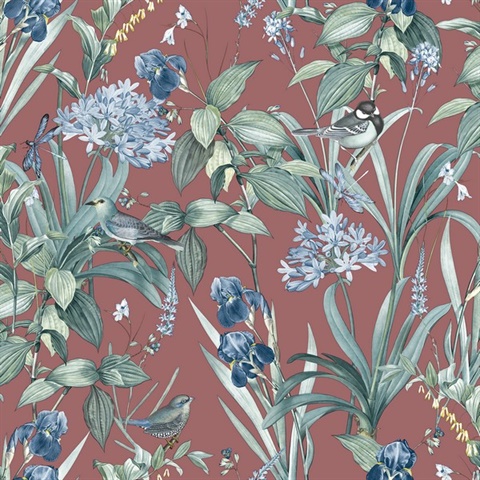 Mint Birds and Dragonflies Botanical Red Wallpaper