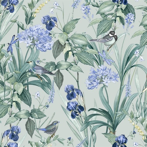 Mint Birds and Dragonflies Botanical Teal Ground Wallpaper