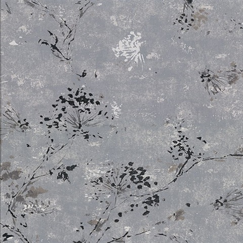 Misty Charcoal Distressed Dandelion Wallpaper