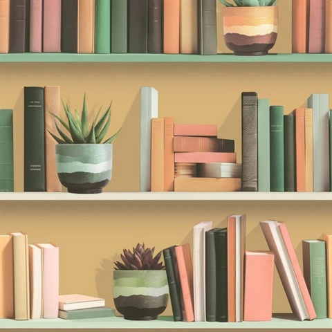 Modern Bookshelf Ocher Ground Wallpaper
