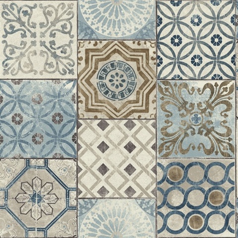 Tile Morocaan Tile Blue & Copper Peel and Stick Wallpaper