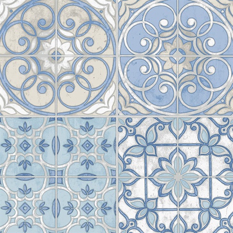 Moroccan Tile Effect Washable Kitchen Bathroom Wallpaper  In Blues & Cream 