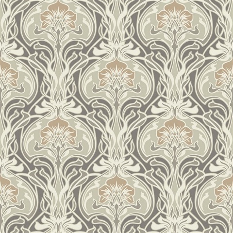 Mucha Dark Grey Botanical Ogee Damask Wallpaper