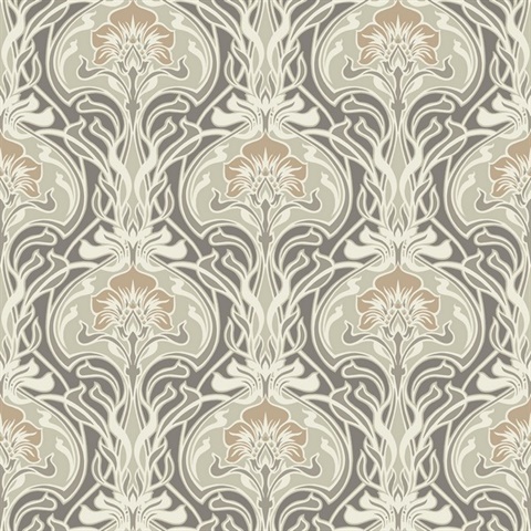 Mucha Dark Grey Botanical Ogee Damask Wallpaper