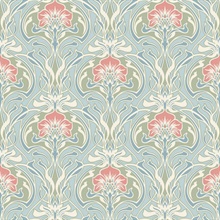 Mucha Light Blue Botanical Ogee Damask Wallpaper