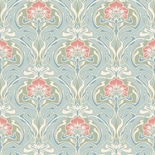 Mucha Light Blue Botanical Ogee Damask Wallpaper