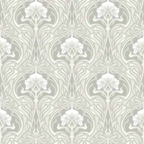 Mucha Off-White Botanical Ogee Damask Wallpaper