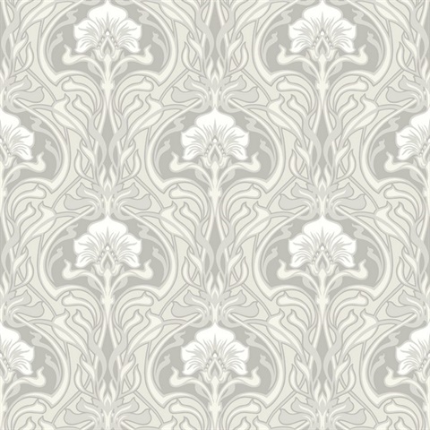 Mucha Off-White Botanical Ogee Damask Wallpaper