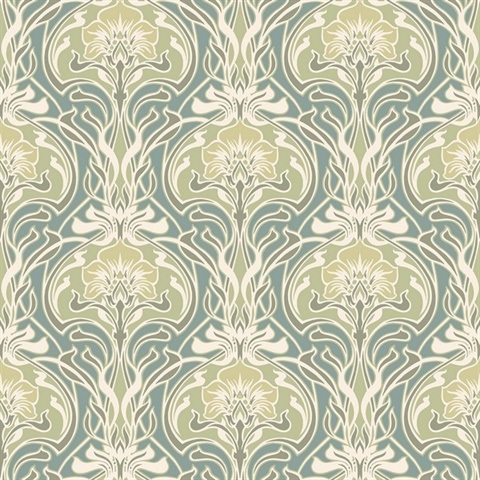 Mucha Teal Botanical Ogee Damask Wallpaper