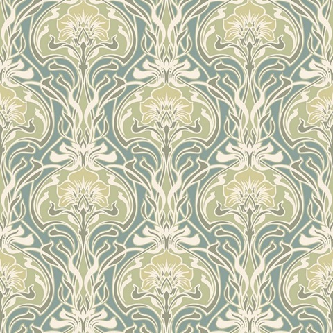 Mucha Teal Botanical Ogee Damask Wallpaper