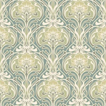 Mucha Teal Botanical Ogee Damask Wallpaper