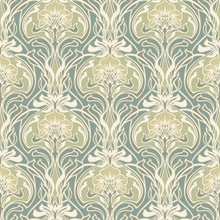 Mucha Teal Botanical Ogee Damask Wallpaper