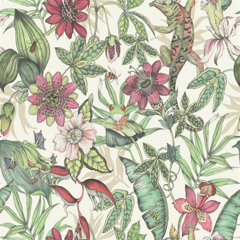 Multicolor Sketched Rainforst with Floral & Leaf Wallpaper