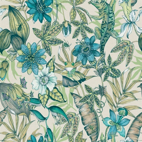 Multicolor Sketched Rainforst with Floral & Leaf Wallpaper