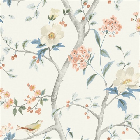 Multicolor Southport Bird On Branches Floral Trail Wallpaper