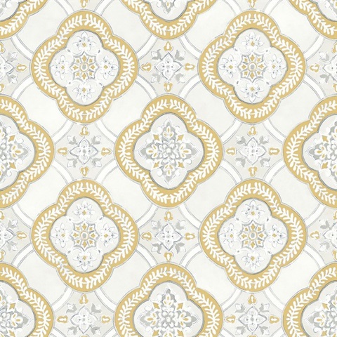 Mustard Yellow Garden Trellis Medallion Wallpaper