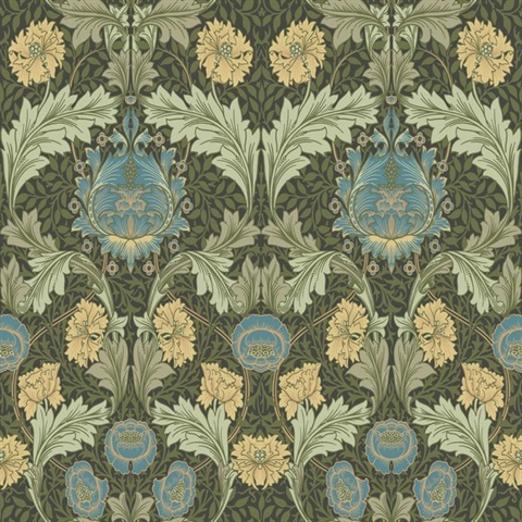 Myrtle Dark Green Floral Ogee Wallpaper