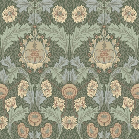 Myrtle Sea Green Floral Ogee Wallpaper