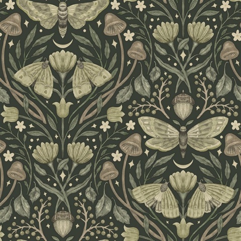 Mystic Moth Dark Green Forest Magic Wallpaper