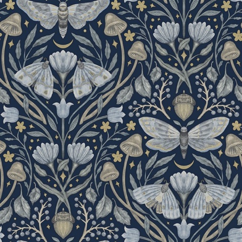 Mystic Moth Navy Blue Forest Magic Wallpaper