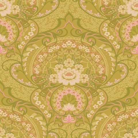 Nasrin Chartreuse Large Floral Damask Wallpaper