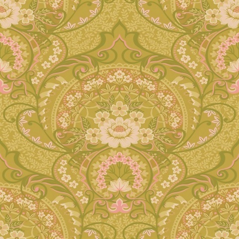 Nasrin Chartreuse Large Floral Damask Wallpaper