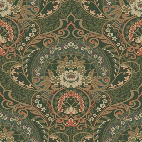 Nasrin Dark Green Large Floral Damask Wallpaper