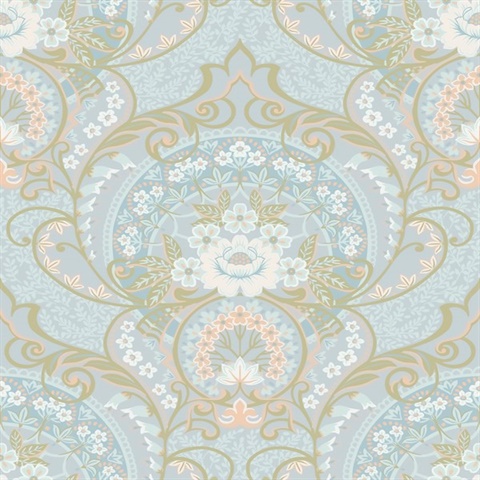 Nasrin Light Blue Large Floral Damask Wallpaper
