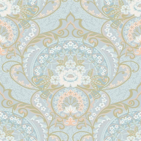 Nasrin Light Blue Large Floral Damask Wallpaper