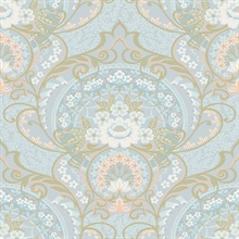Nasrin Light Blue Large Floral Damask Wallpaper