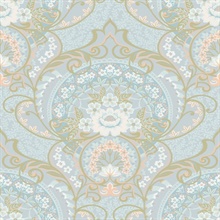 Nasrin Light Blue Large Floral Damask Wallpaper