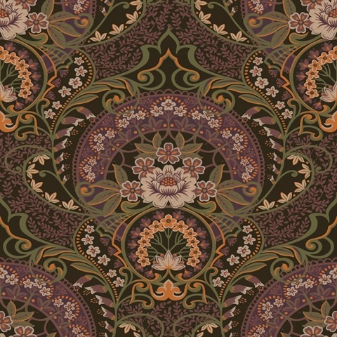 Nasrin Purple Large Floral Damask Wallpaper