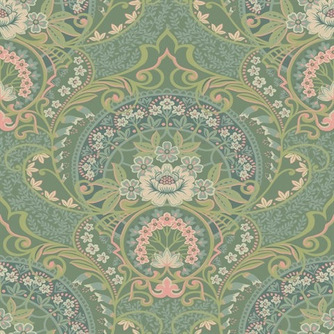 Nasrin Sea Green Large Floral Damask Wallpaper