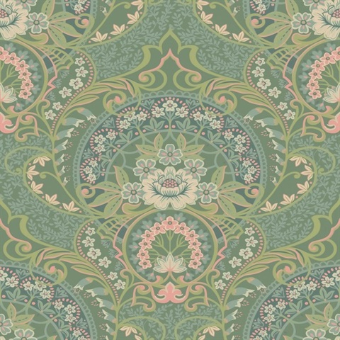 Nasrin Sea Green Large Floral Damask Wallpaper