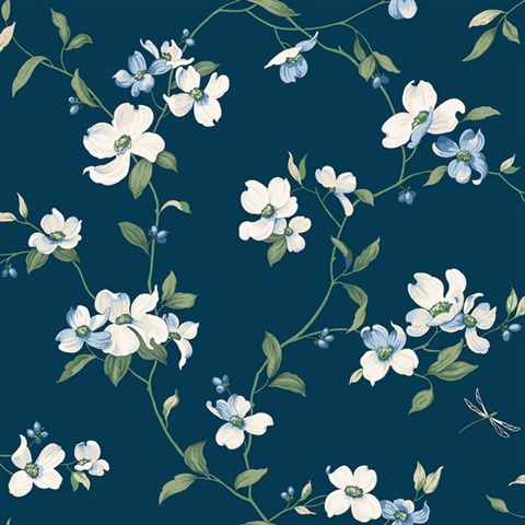 Navy Acrylic Texture Dogwood Floral & Leaf Wallpaper