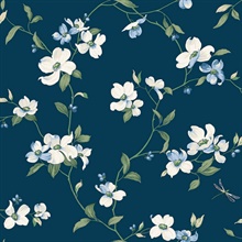 Navy Acrylic Texture Dogwood Floral &amp; Leaf Wallpaper