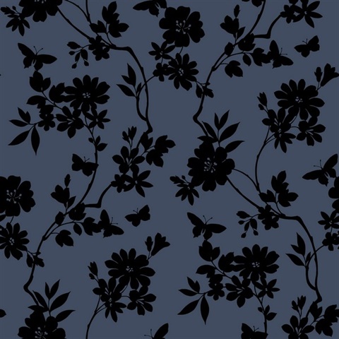 Navy & Black Flutter Vine Silhouette Floral & Butterfly Wallpaper