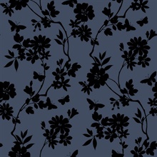 Navy & Black Flutter Vine Silhouette Floral & Butterfly Wallpaper
