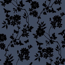 Navy &amp; Black Flutter Vine Silhouette Floral &amp; Butterfly Wallpaper