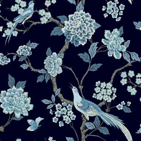 Navy Blue Fanciful Floral Bird on Branch Wallpaper