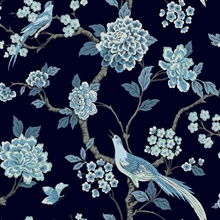 Navy Blue Fanciful Floral Bird on Branch Wallpaper