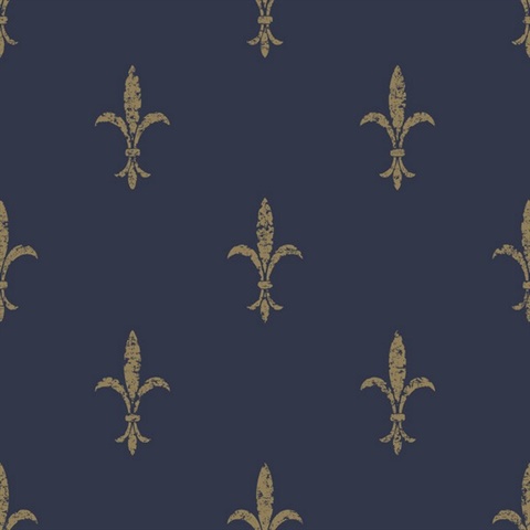 Navy Blue &amp; Gold Fleur De Lis Wallpaper